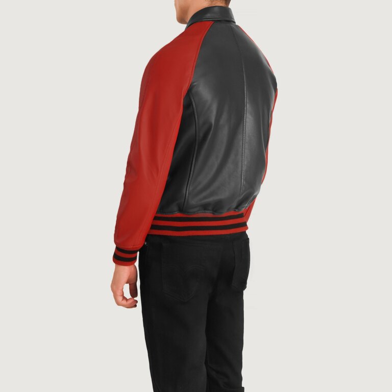 Mens Walton Black & Red Leather Varsity Jacket Tilted Back-8-1704121595649